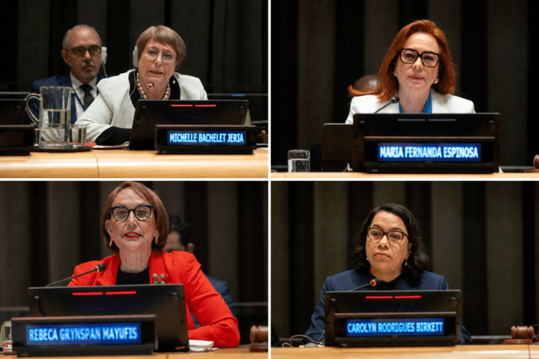 Clockwise from top left: Michelle Bachelet of Chile, María Fernanda Espinosa of Ecuador, Carolyn Rodrigues-Birkett of Guyana and Rebeca Grynspan of Costa Rica address the UN General Assembly as candidates in the race to become the next UN secretary-general.