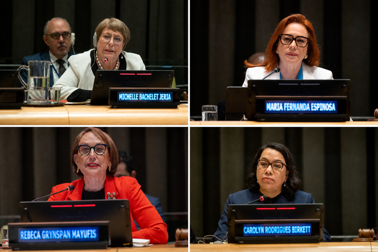 Clockwise from top left: Michelle Bachelet of Chile, María Fernanda Espinosa of Ecuador, Carolyn Rodrigues-Birkett of Guyana and Rebeca Grynspan of Costa Rica address the UN General Assembly as candidates in the race to become the next UN secretary-general.